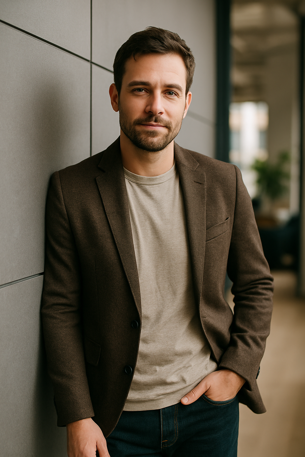 A man in a brown sport coat over a t-shirt, leaning against a wall.