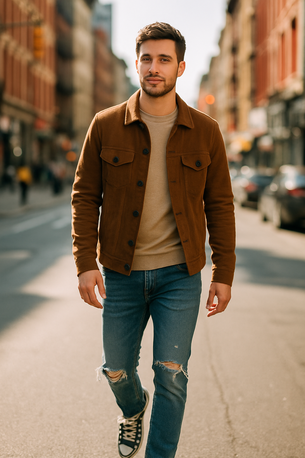 A man walking down the street wearing a brown jacket, beige shirt, and distressed jeans.