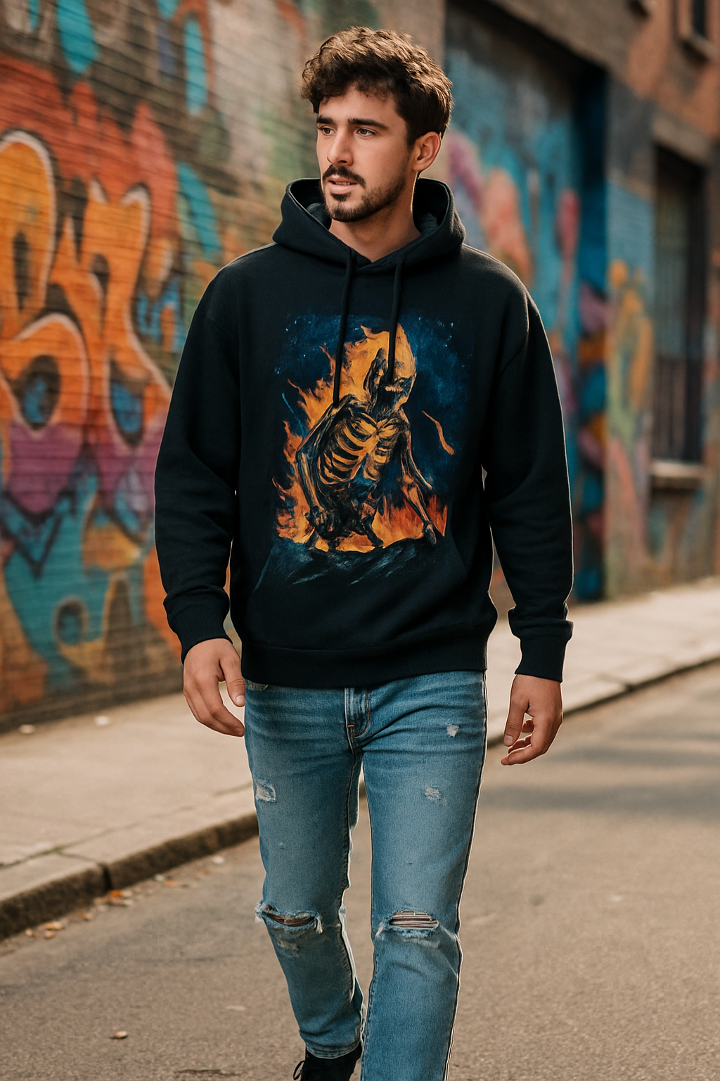 A man wearing a graphic hoodie and distressed jeans walking in a colorful urban setting.