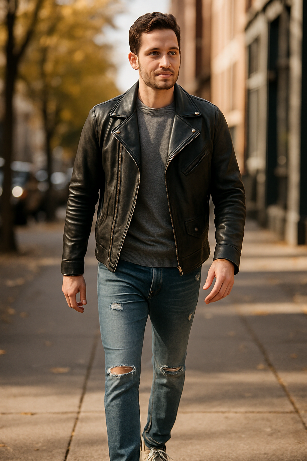 A man walking on the street wearing a black leather jacket, gray sweater, and light blue ripped jeans.