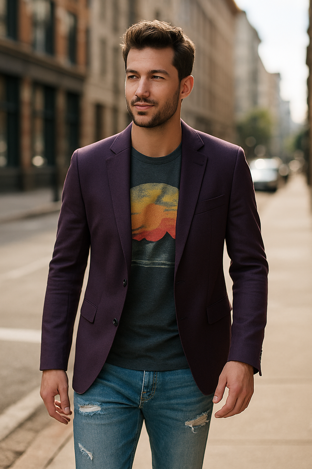 A man walking confidently in a city street wearing a purple blazer over a graphic t-shirt and distressed jeans.