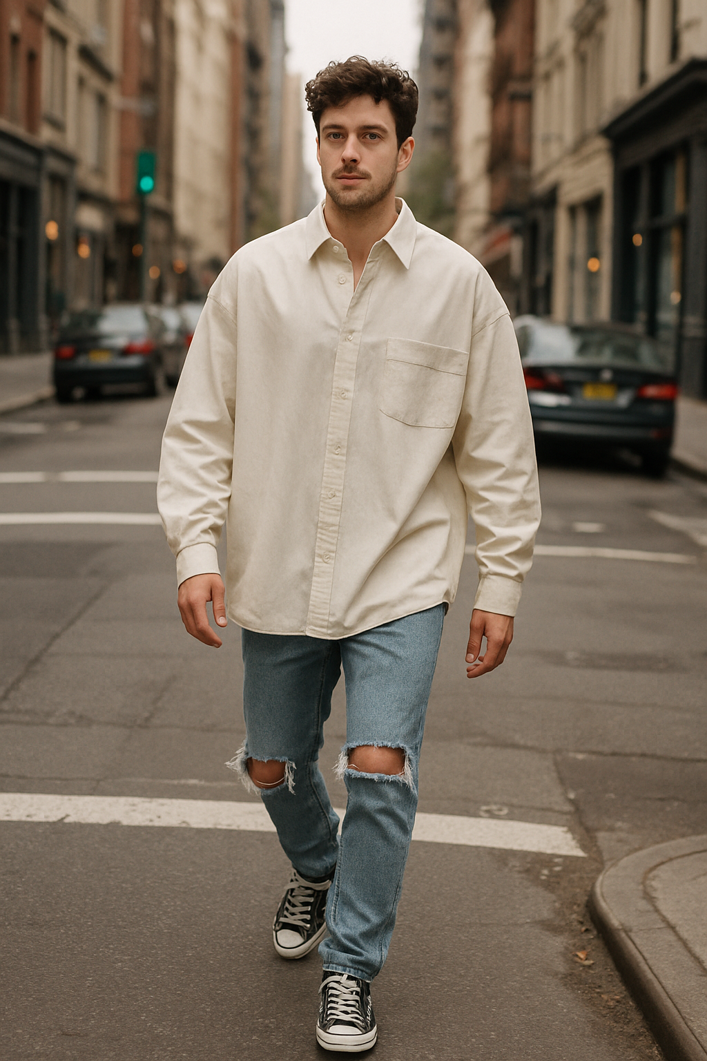 A man wearing an oversized black tee with a colorful lion graphic, paired with ripped jeans and sneakers, walking on a city street.