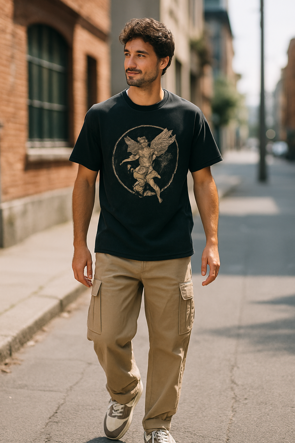 A man walking down a street wearing beige cargo pants and a black graphic t-shirt.