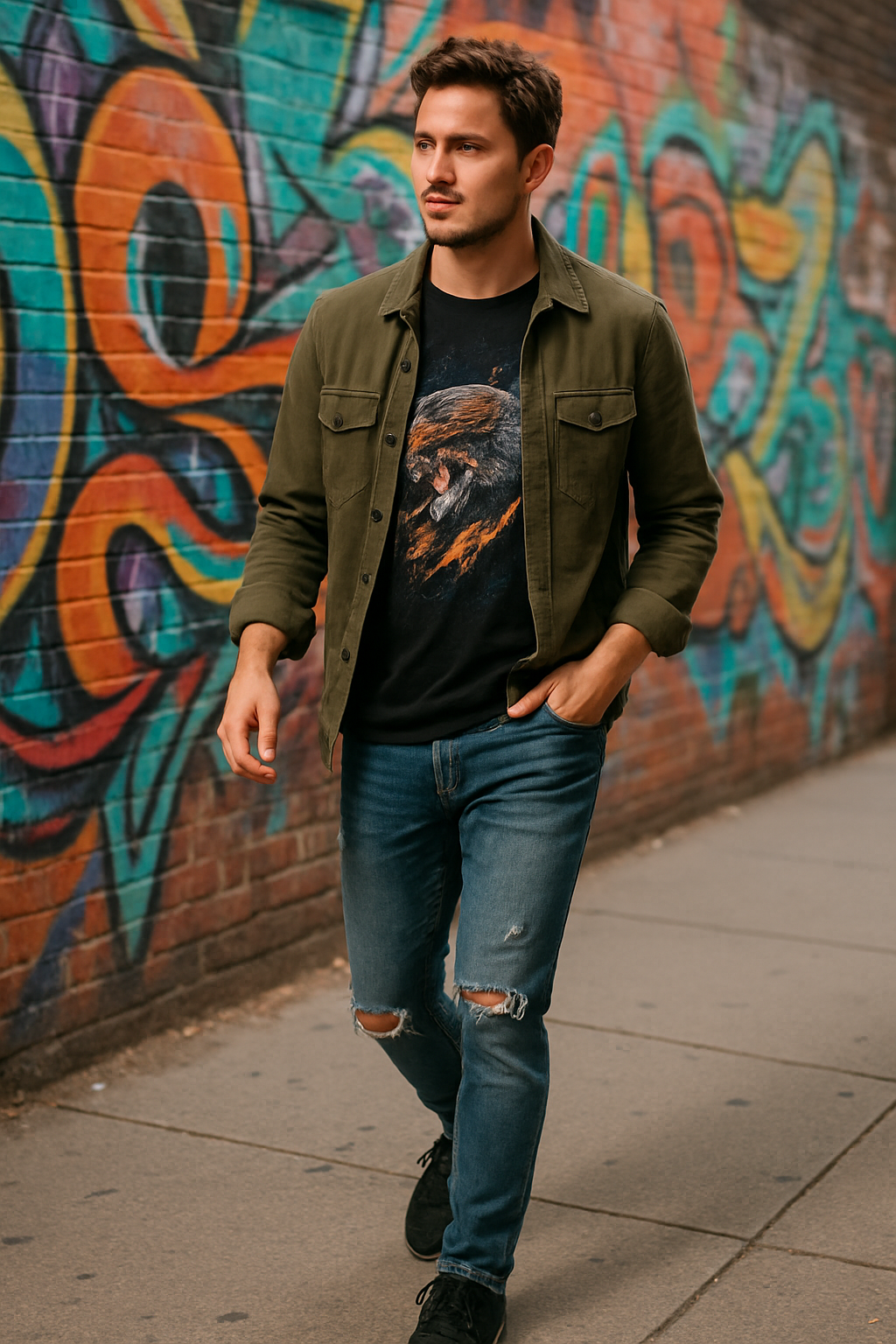 A man in an olive green shirt and graphic t-shirt walking in front of a colorful mural, wearing black sneakers and ripped jeans.