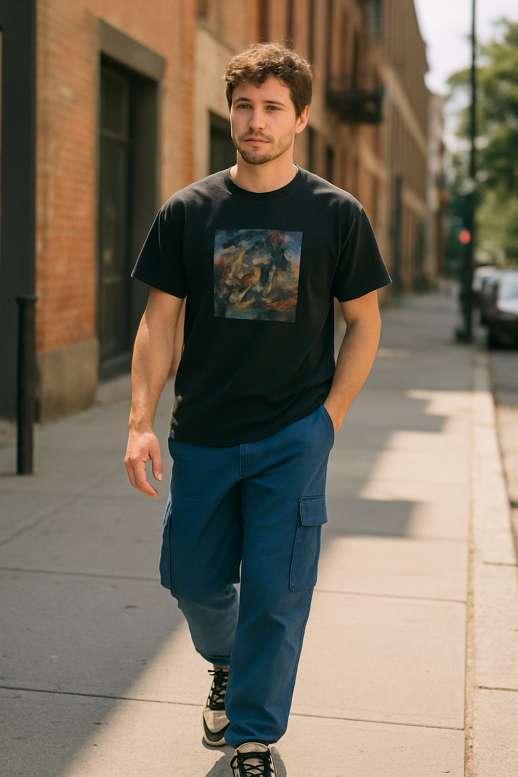 A young man walking on the street wearing blue cargo pants and a black t-shirt.