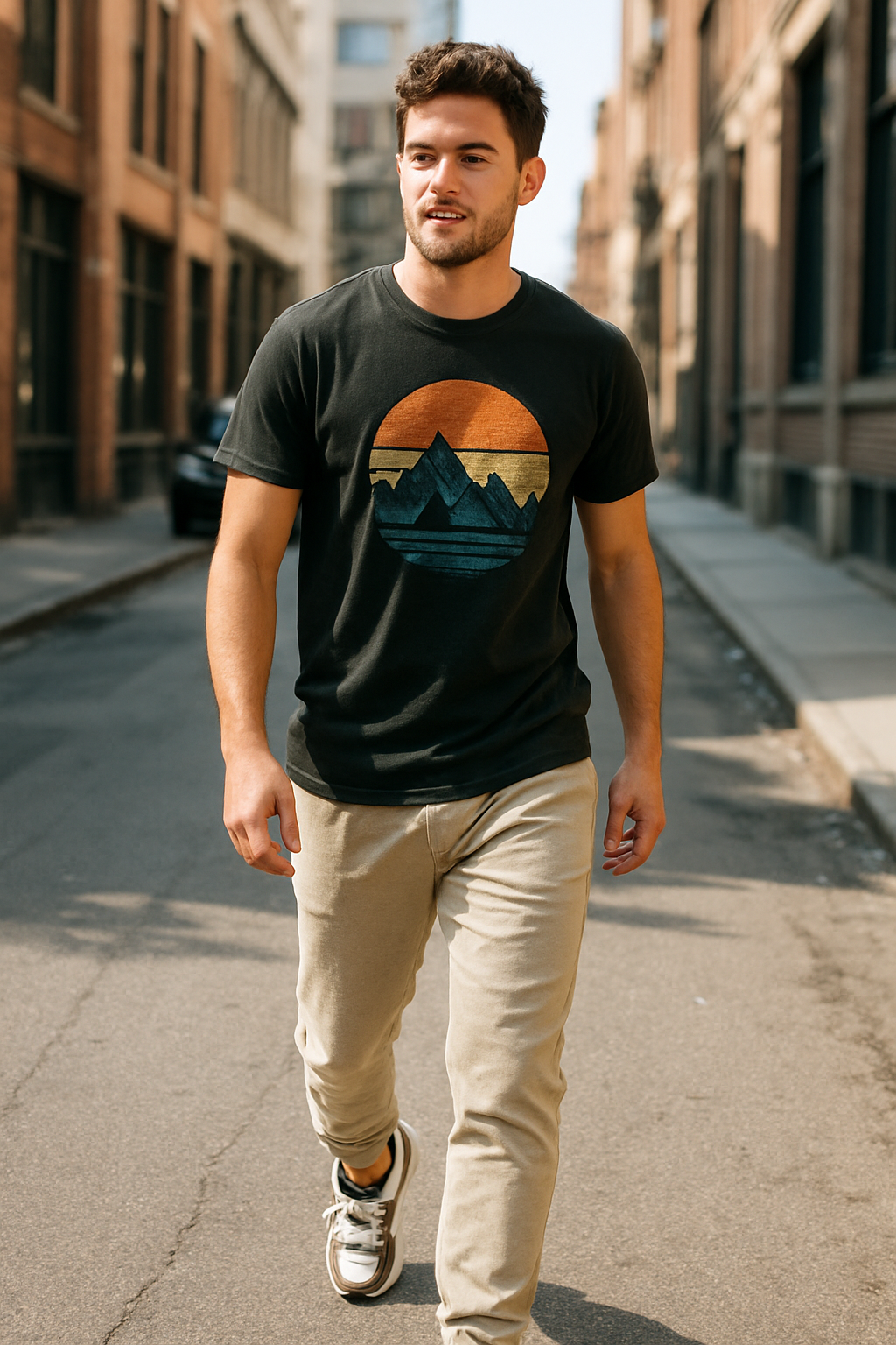 A man walking in a city street wearing a graphic tee and light-colored joggers.