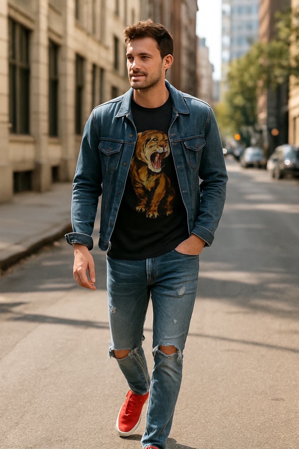 A man walking down a city street wearing red sneakers, a denim jacket, and ripped jeans.