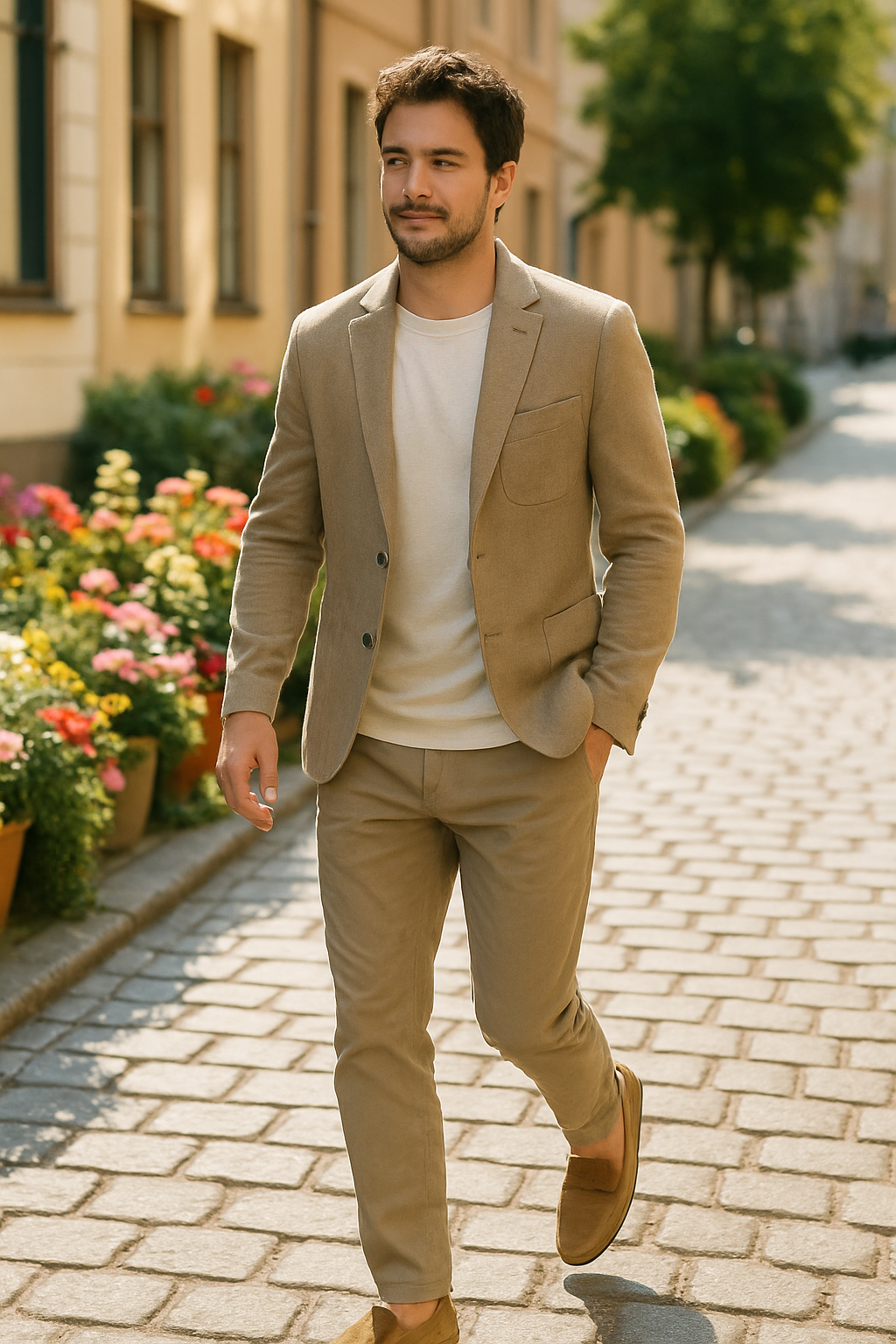 A man wearing a light-colored suit and suede loafers walking down a flower-lined street.