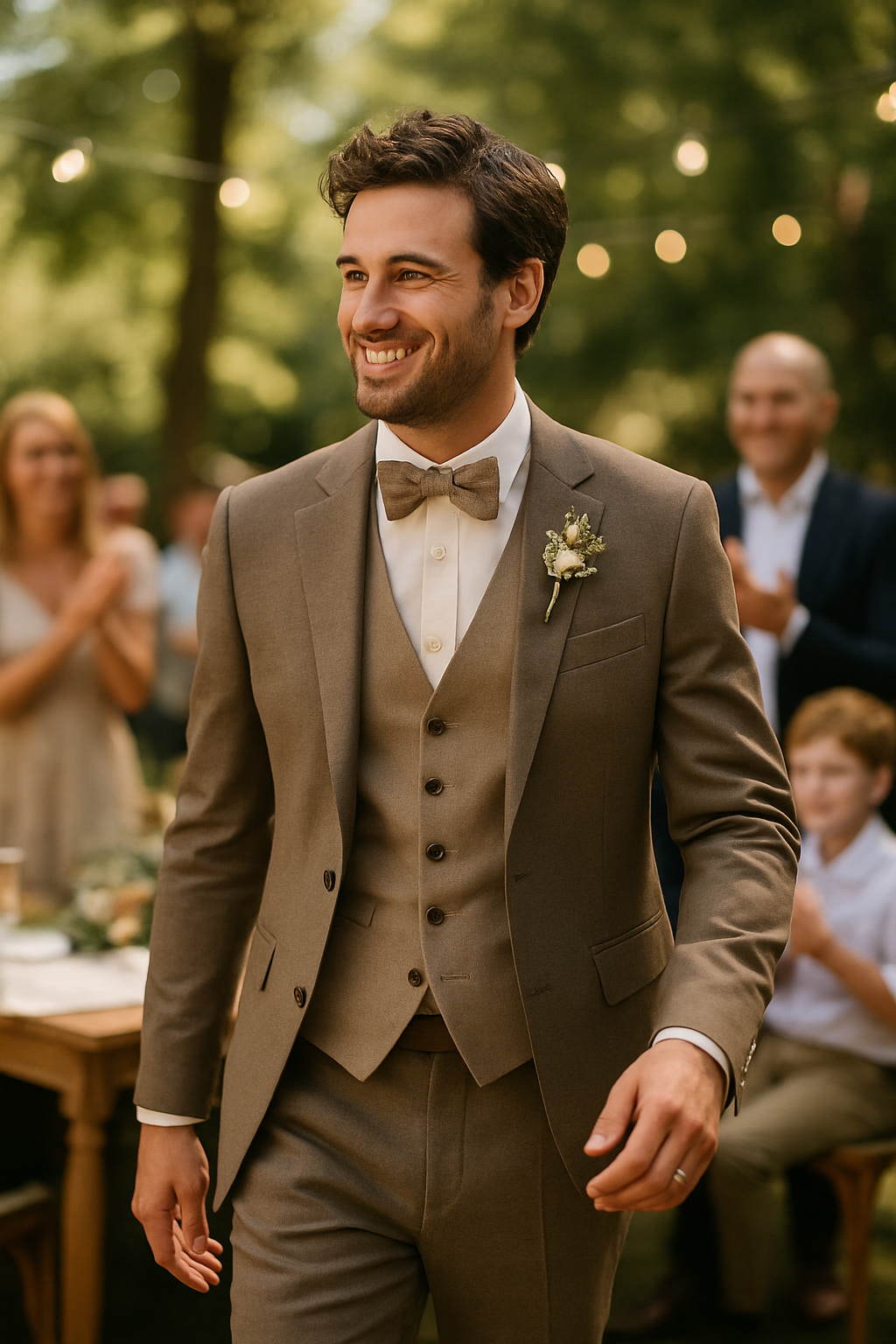 Groom in a light brown casual suit with a bow tie, smiling at a wedding celebration.