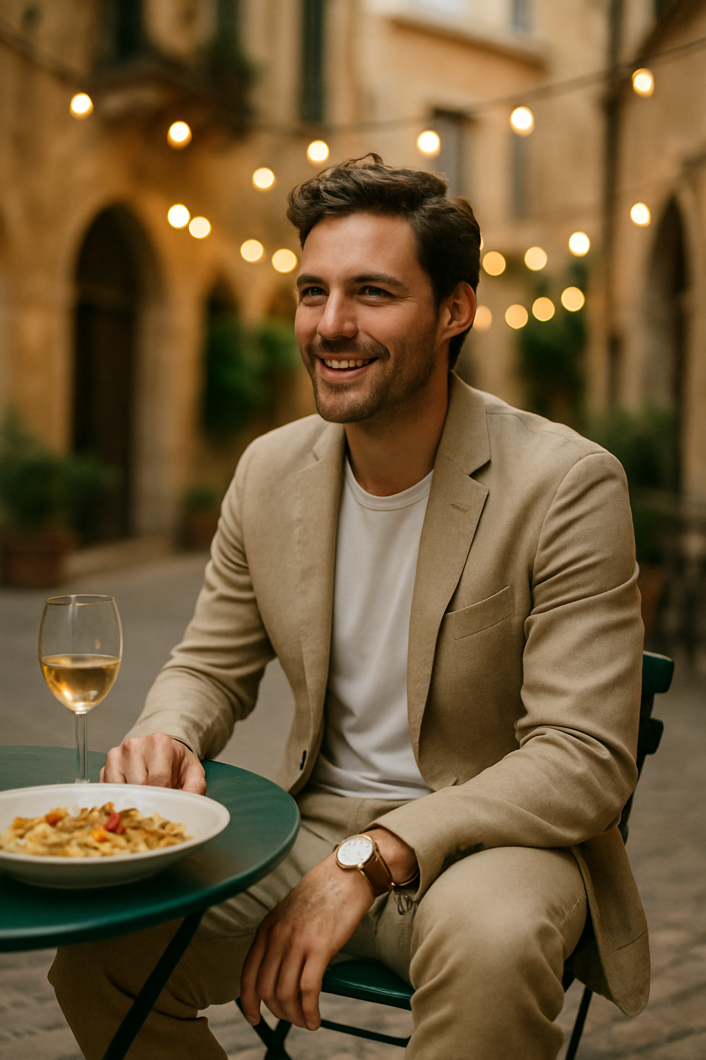 A man wearing a beige casual suit with a white t-shirt, sitting at an outdoor table with a glass of wine and a plate of pasta, illuminated by string lights in a picturesque evening setting.