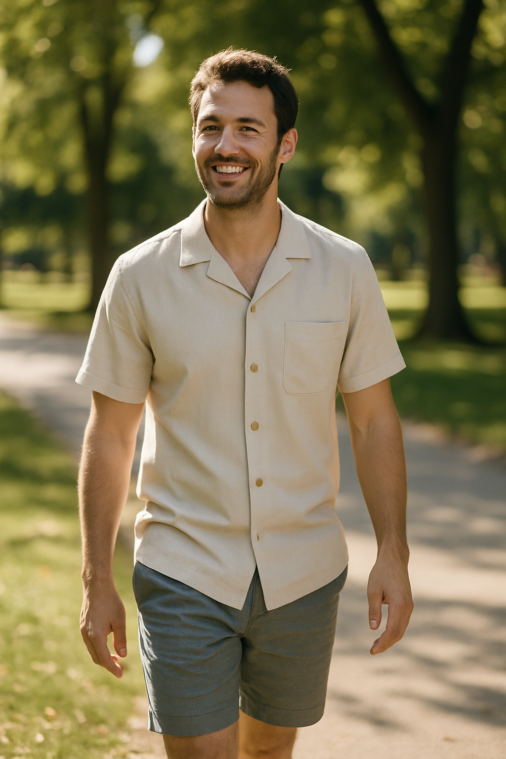 A man walking in a park wearing a light short-sleeve shirt and shorts, enjoying a sunny day.