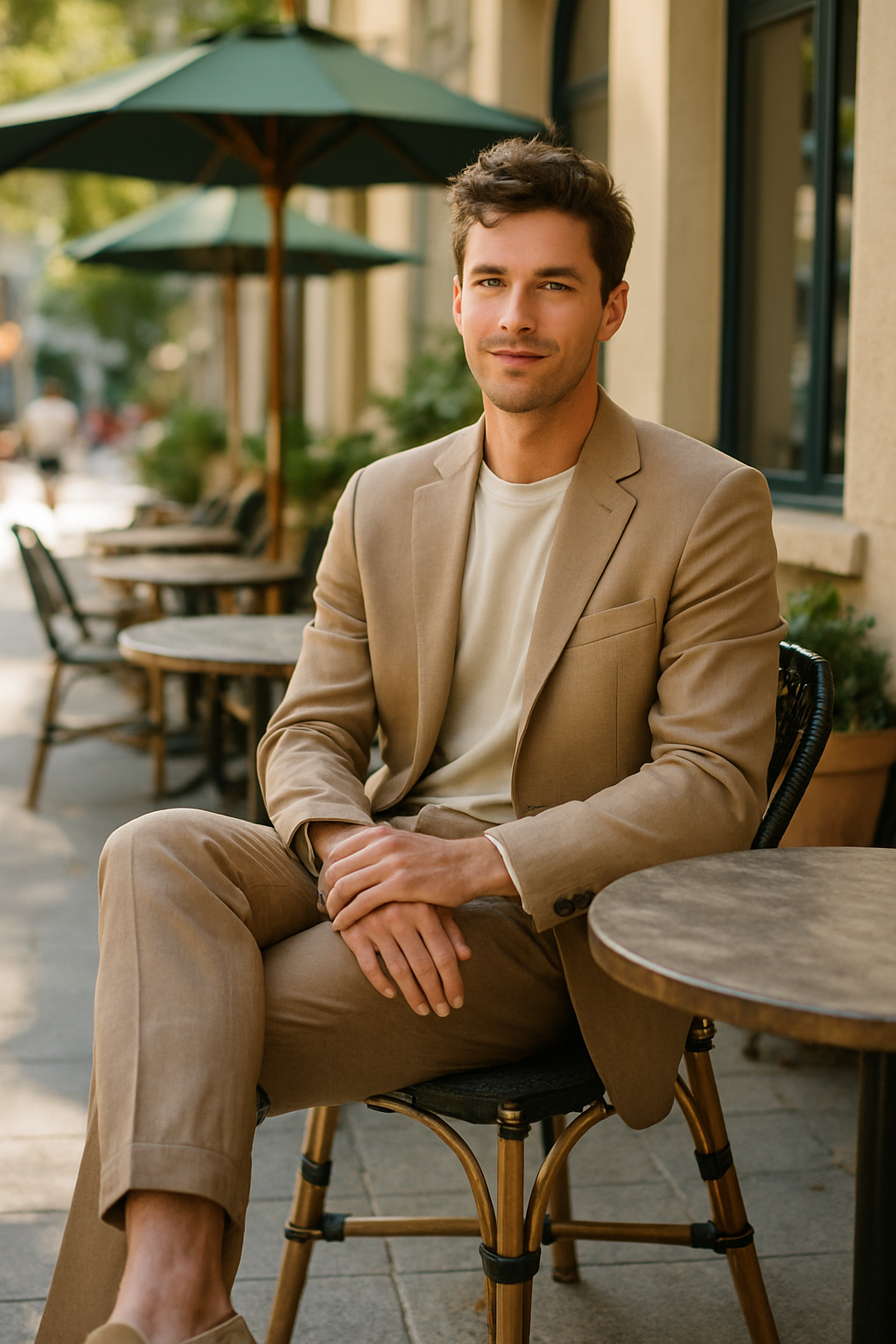 A man in a casual tan suit sitting at an outdoor café