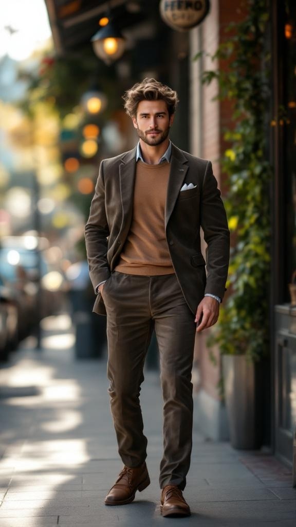 A man in a brown velvet suit walking casually down a city street.
