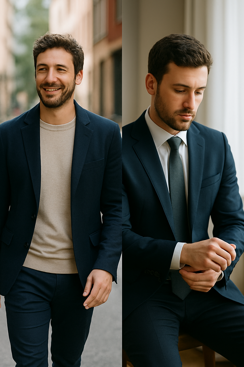 A split image showing two men in navy blue suits; one in a casual look with a sweater and the other in a formal look with a tie.