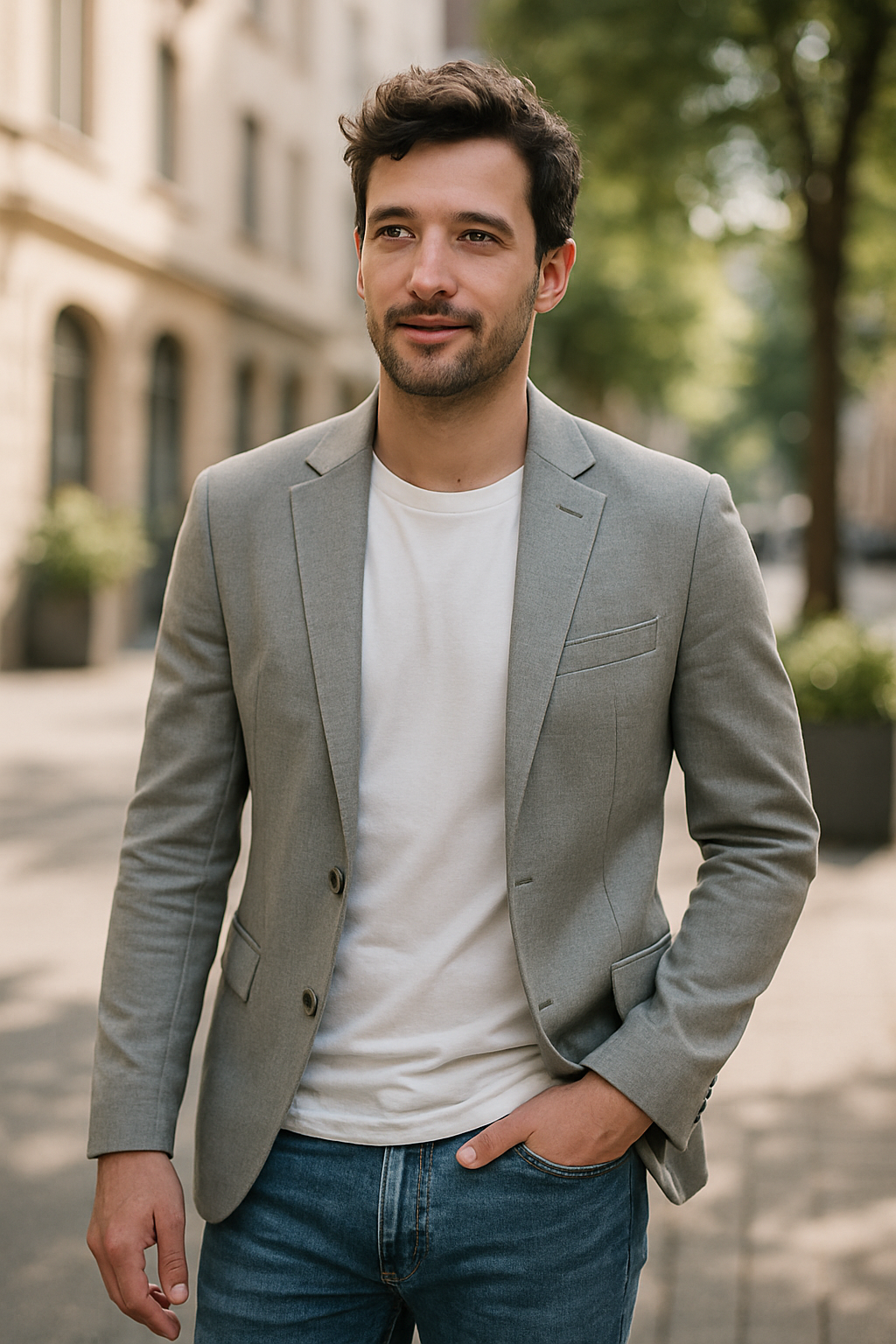 A man wearing a light grey blazer over a white t-shirt, paired with blue jeans, walking casually outdoors.