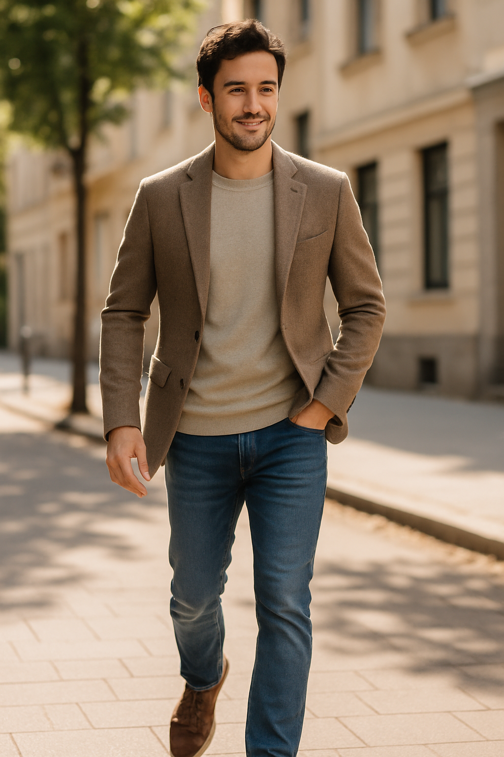 A man walking in a casual outfit featuring brown sneakers, light blue jeans, and a brown blazer.