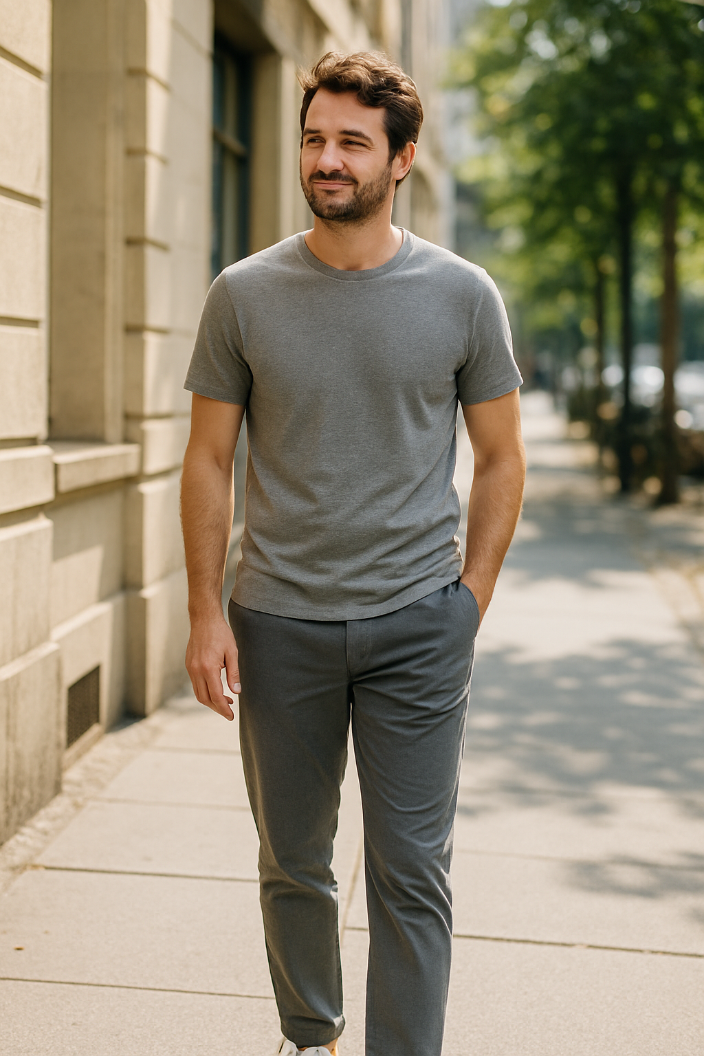 A man walking in a casual outfit featuring grey trousers and a grey t-shirt.