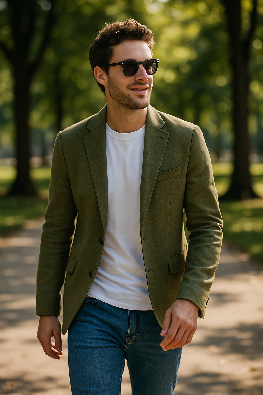 A man wearing an olive blazer over a white t-shirt and jeans, walking in a park with sunglasses.