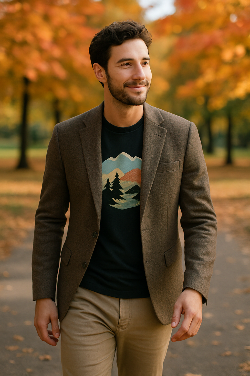A man wearing a brown tweed blazer over a graphic t-shirt, walking in a park with autumn leaves in the background.