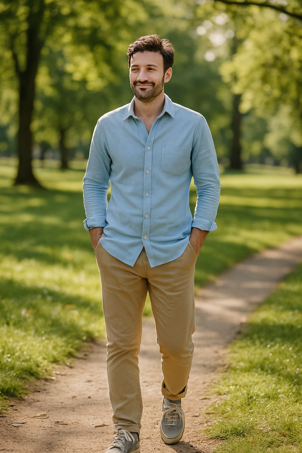 A man walking in a park wearing a light blue button-up shirt and beige pants.