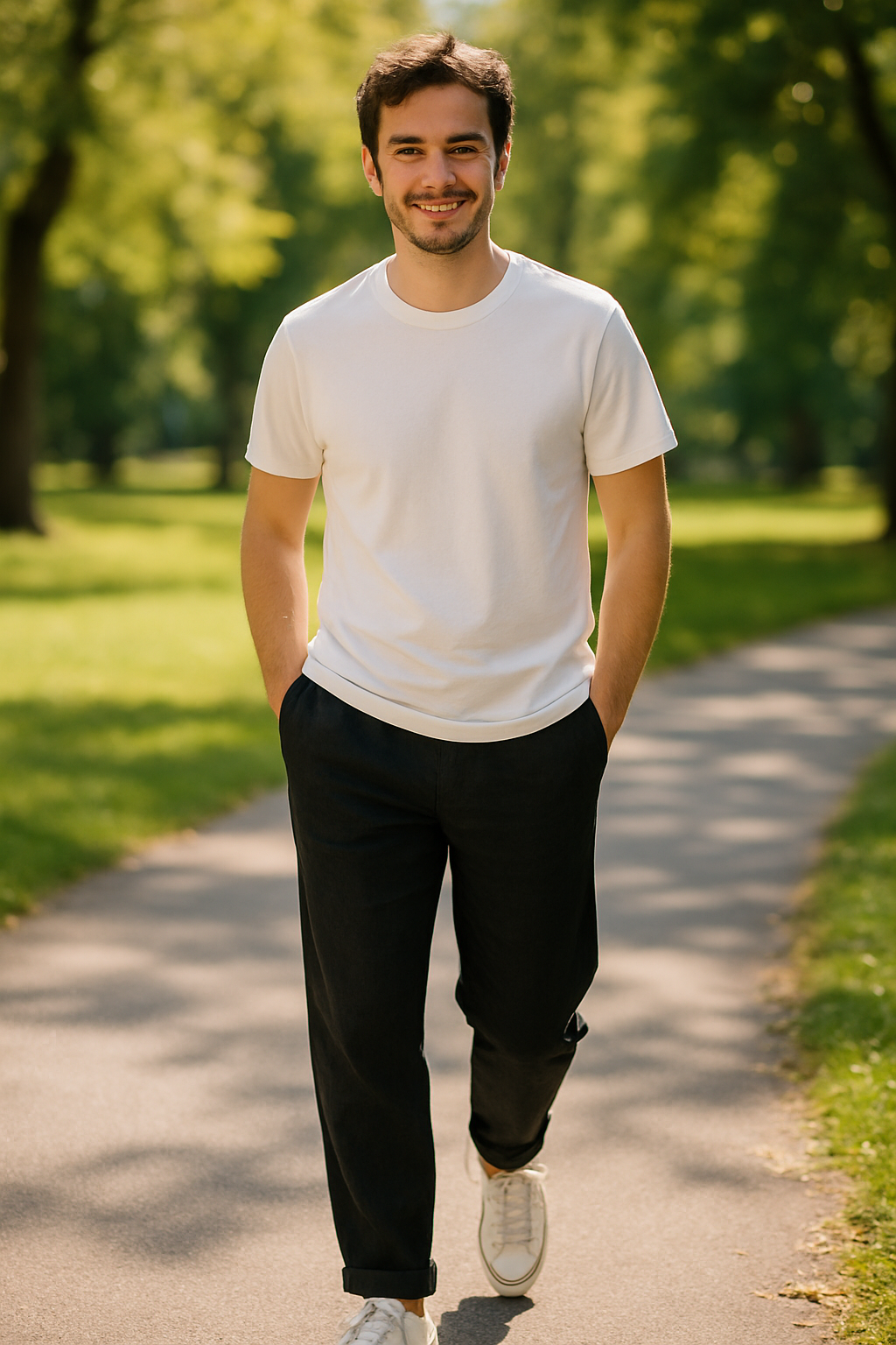 A smiling person walking in a park wearing black linen pants and white t-shirt.