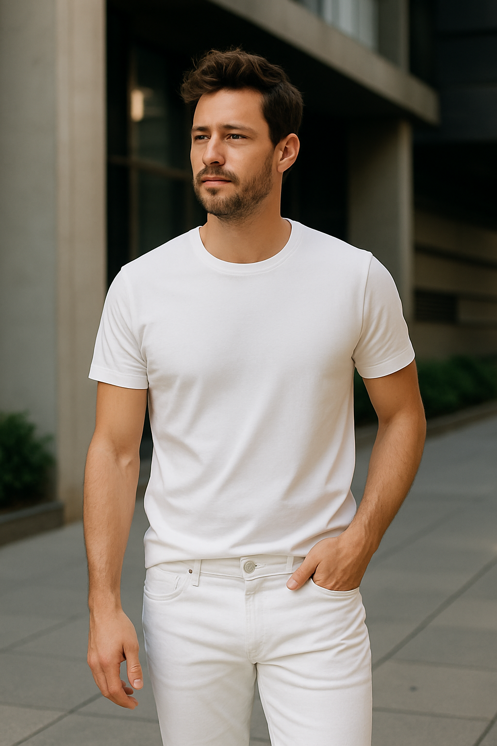 A man wearing a casual white t-shirt and white jeans, walking outdoors.