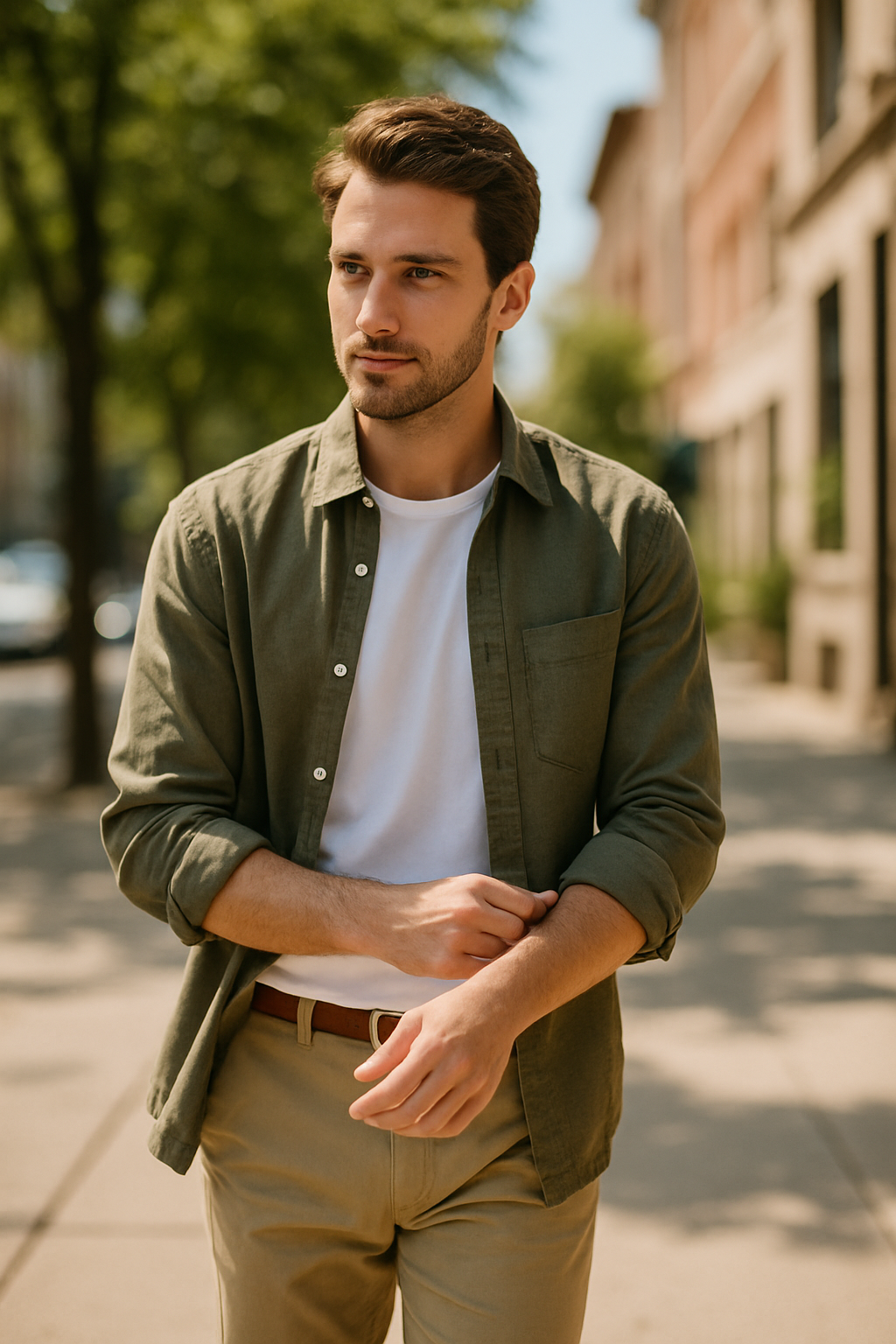 A man walking casually wearing a white t-shirt layered with a light green shirt, khaki pants, and a brown belt, surrounded by trees and buildings