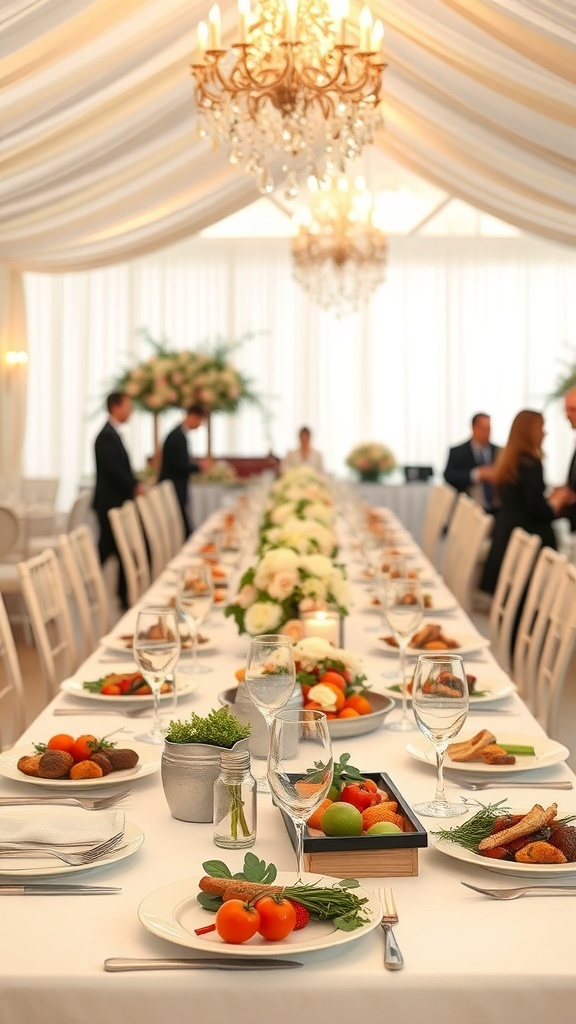 A beautifully arranged wedding banquet table with a variety of colorful dishes and elegant table settings.
