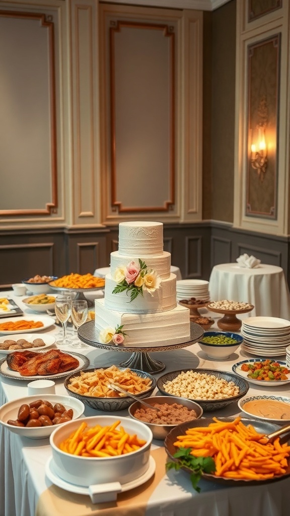 A beautifully arranged wedding catering table featuring a cake and various dishes including pasta, salads, and appetizers.