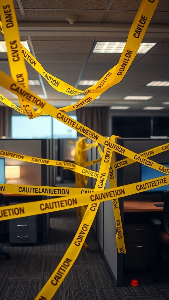 Cubicle decorated with yellow caution tape for Halloween