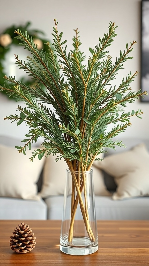 A clear vase with cedar and eucalyptus branches, accompanied by a pine cone on a wooden table.