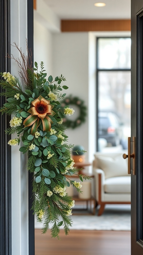 A winter wreath made of cedar and eucalyptus, featuring a central flower and small white blooms, hanging on a front door.