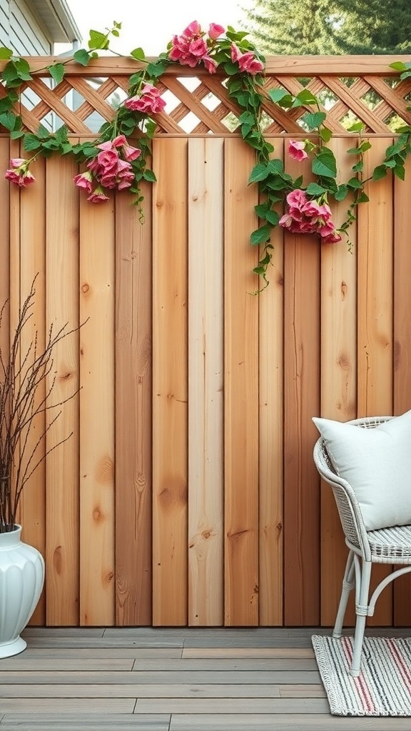 A cedar fence with a lattice top adorned with pink flowers and greenery.