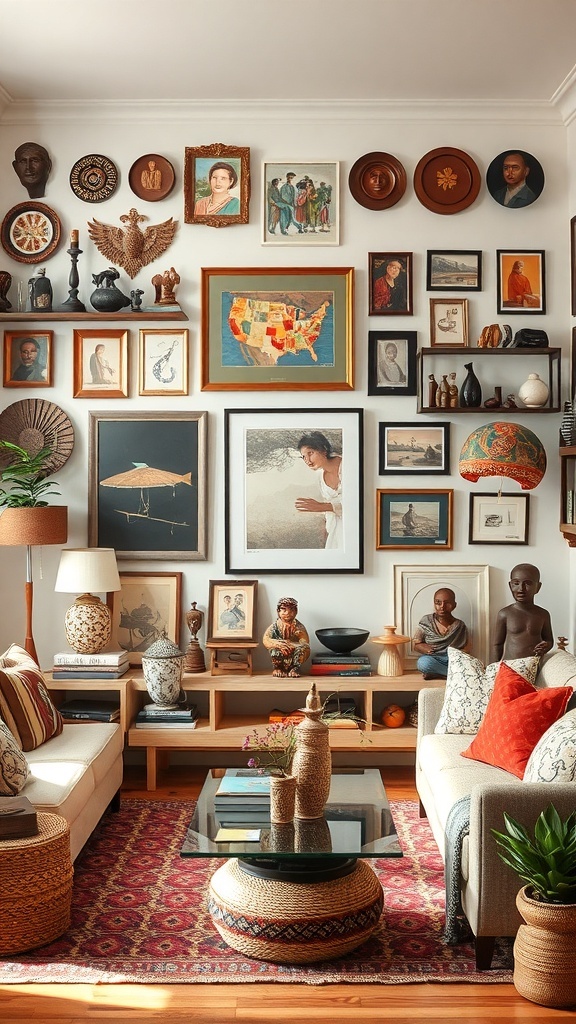 A cozy living room filled with cultural artifacts, including framed art, sculptures, and decorative items, creating a warm and inviting atmosphere.