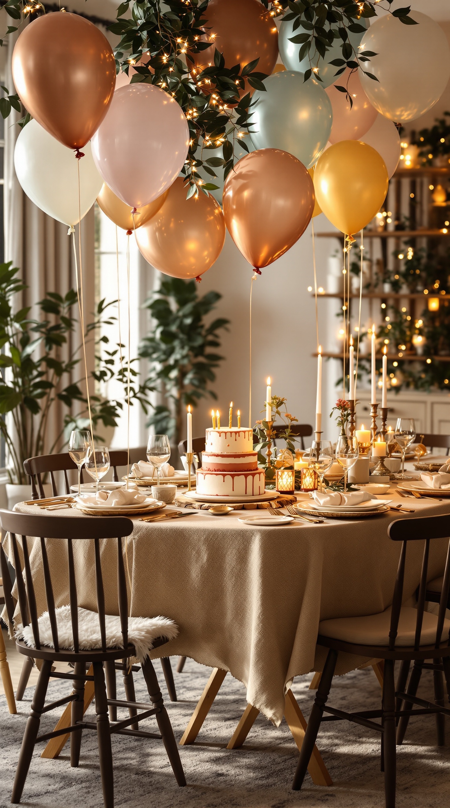 A beautifully set family dinner table with a cake, candles, and balloons, creating a festive atmosphere.