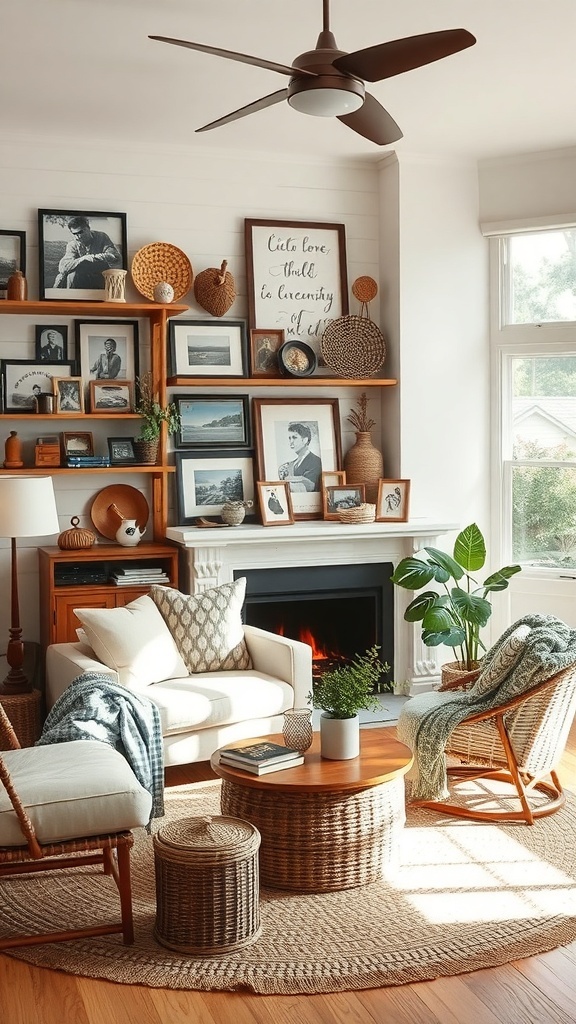 A cozy living room featuring a mix of framed photos, woven decor, and comfortable furniture, embodying the cozy maximalism style.