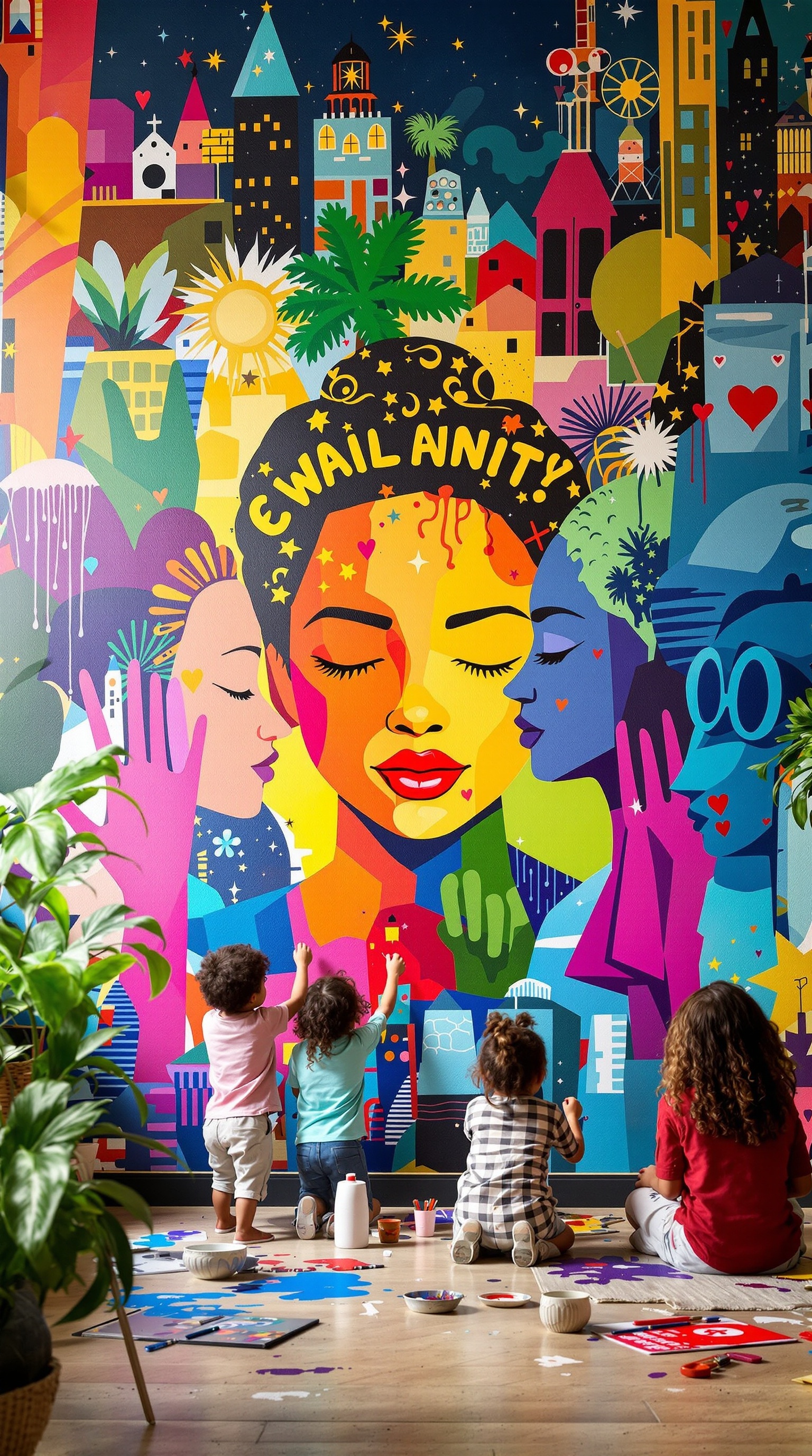 Children painting a colorful mural that celebrates diversity, featuring faces of different ethnicities.