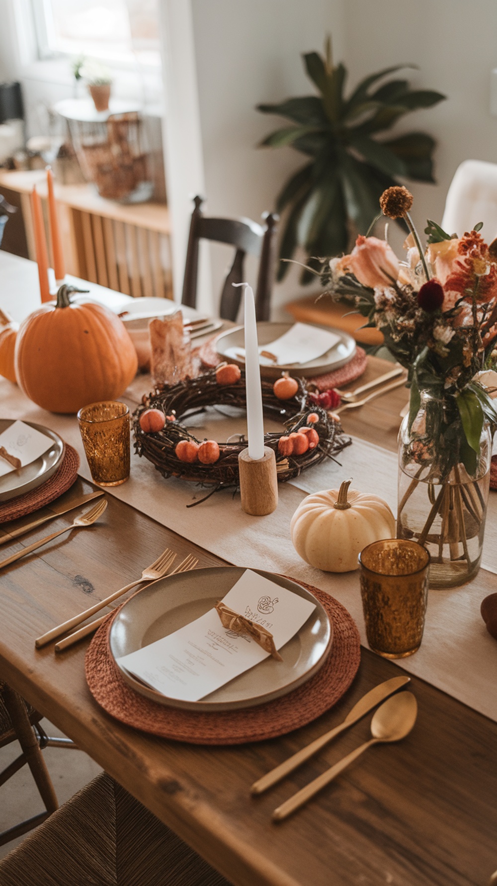 A beautifully arranged boho Thanksgiving table featuring pumpkins, candles, and floral decorations.