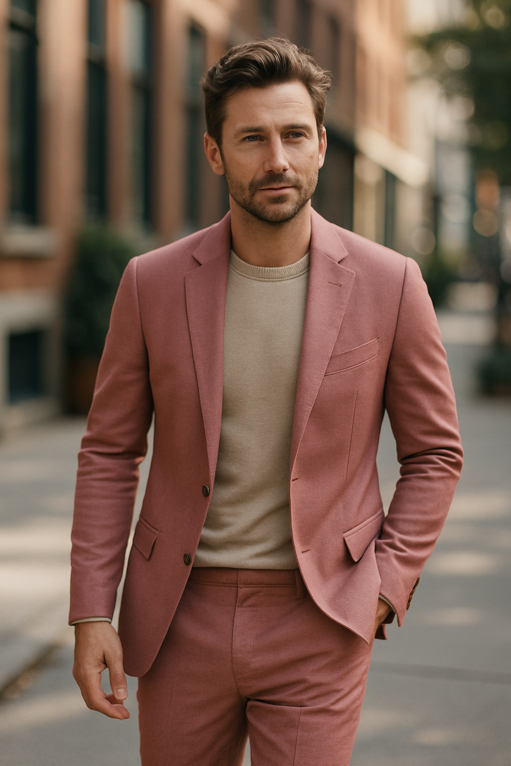 A man wearing a pink suit, looking stylish and confident on a city street.