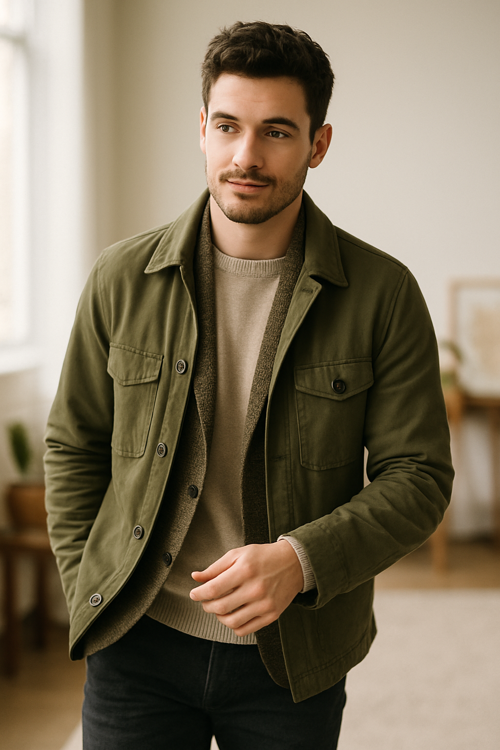 A man wearing an olive green jacket over a beige sweater, looking stylish and relaxed.