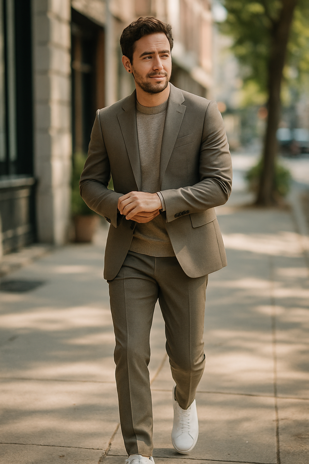 A man wearing a tailored suit with white sneakers, walking confidently on a city street.