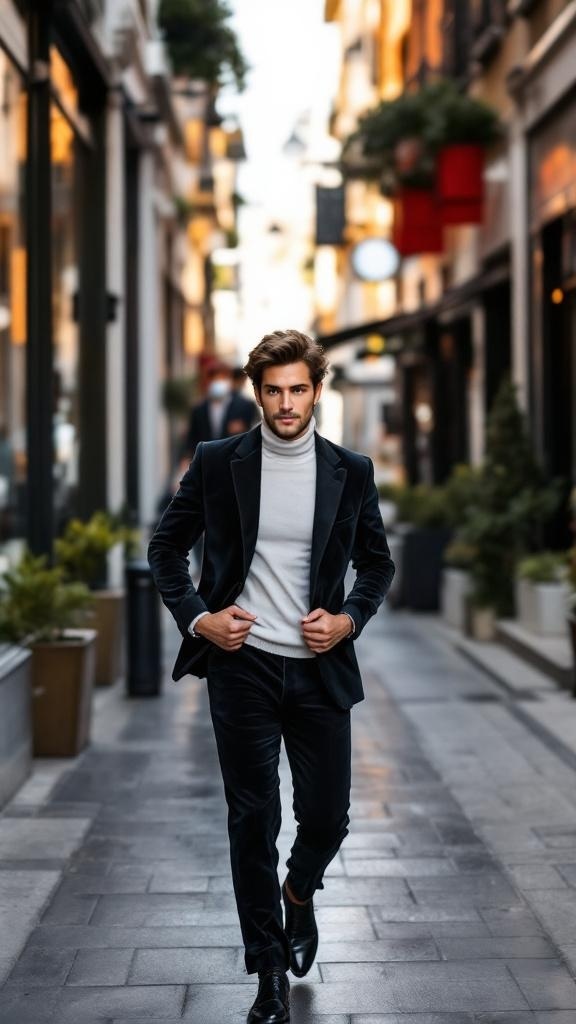 A man in a velvet suit walking confidently down a stylish street.