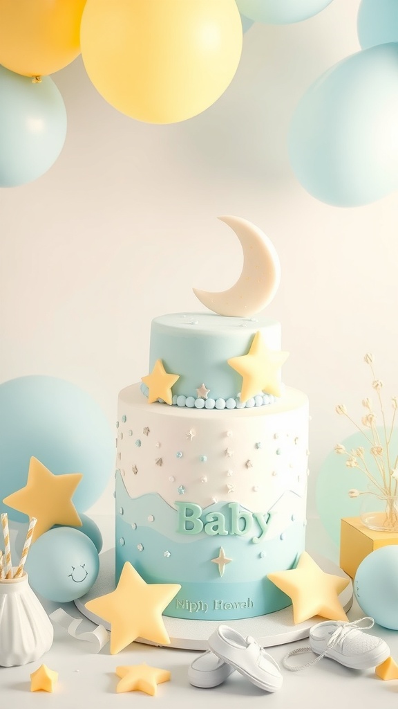 A two-tiered baby shower cake decorated with a moon and stars, surrounded by balloons and baby shoes.
