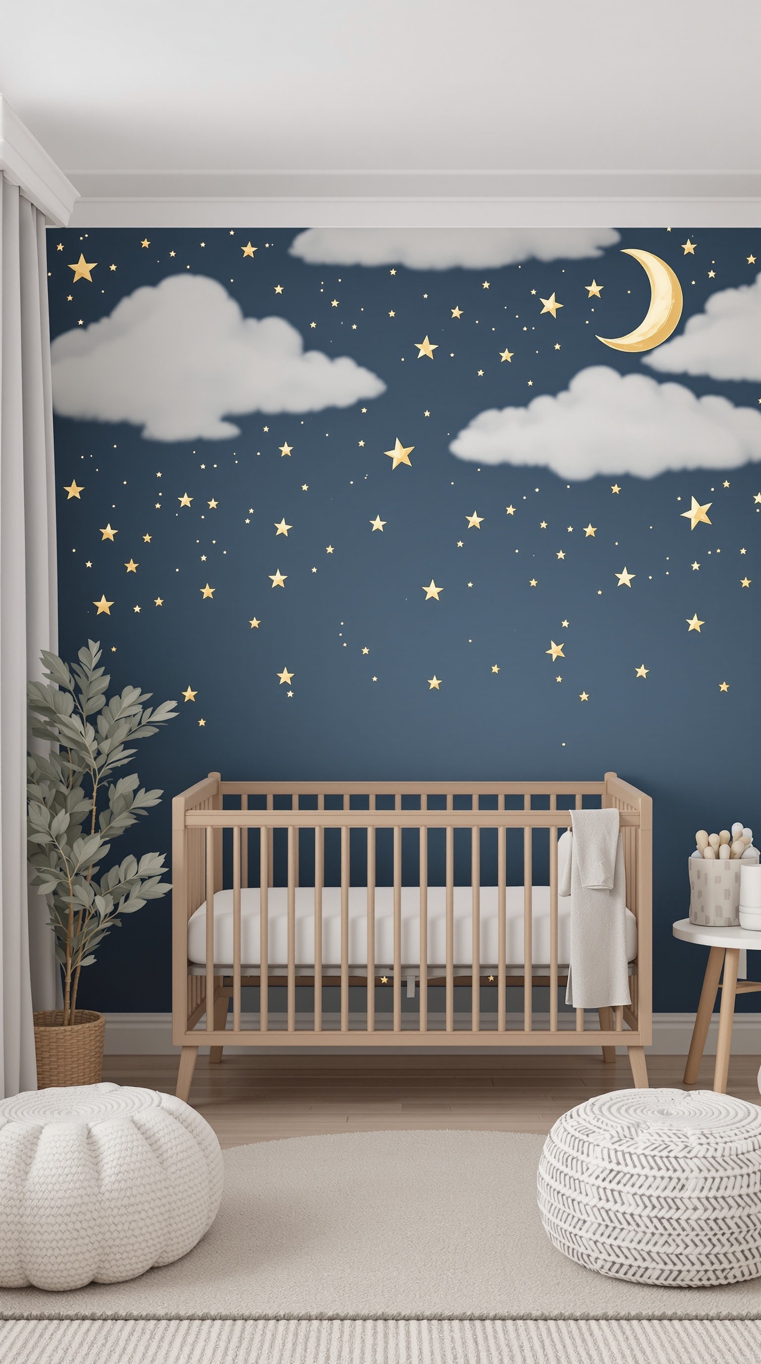 A baby room with a celestial night sky theme featuring a blue wall with clouds, stars, and a crescent moon.