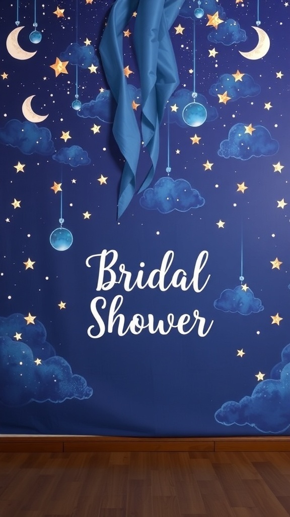 Celestial night sky bridal shower backdrop featuring moon and stars.