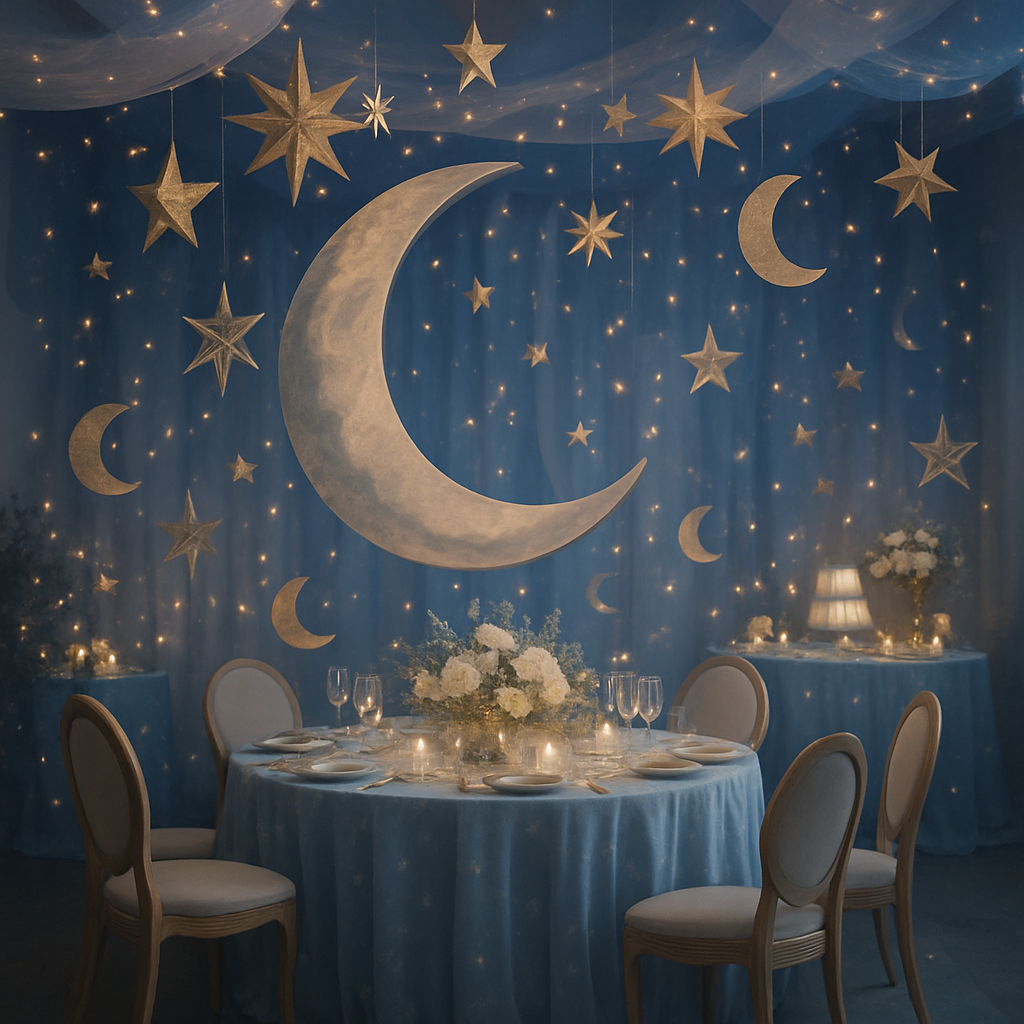 A beautifully decorated bridal shower with a celestial theme, featuring moons and stars, soft blue colors, and elegant table settings.