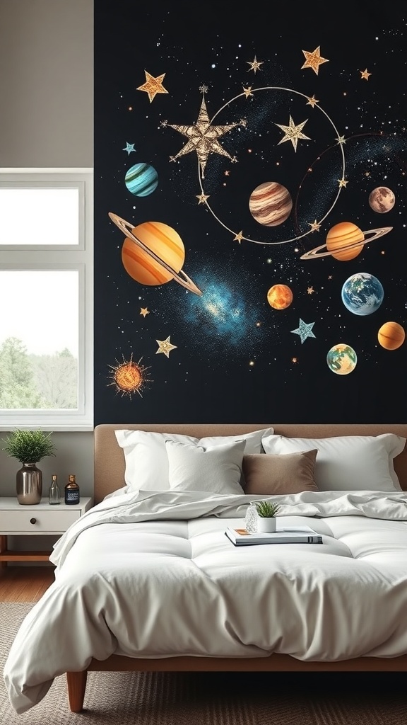 Celestial themed wall art featuring planets and stars on a dark background