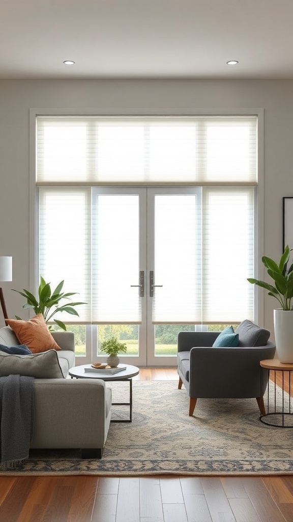 A cozy living room featuring sliding glass doors covered with light-colored cellular shades, allowing soft light to filter in.