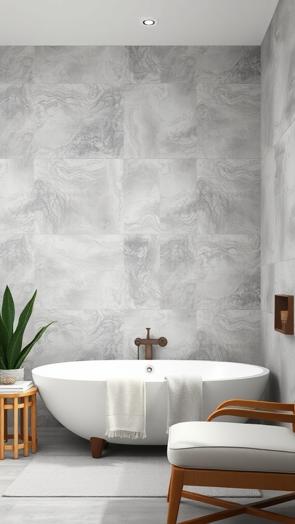 Modern bathroom featuring a cement board wall, a white bathtub, and wooden accents.