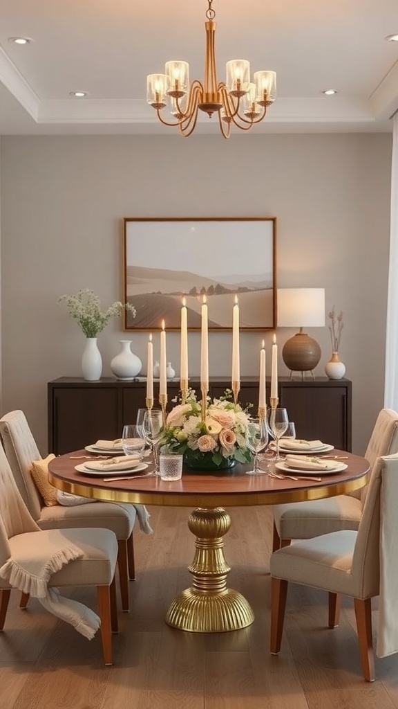 Mesa decorada con un centro de mesa de flores y velas, creando un ambiente elegante.